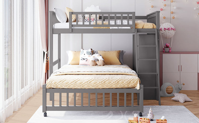 Wooden Twin Over Full Bunk Bed With Six Drawers And Flexible Shelves,Bottom Bed With Wheels,Gray(OLD SKU:LP000531AAE)