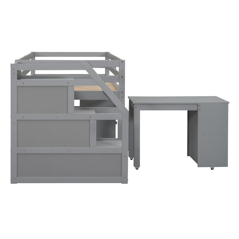 Twin Size Loft Bed with Retractable Writing Desk and 3 Drawers, Wooden Loft Bed with Storage Stairs and Shelves, Gray