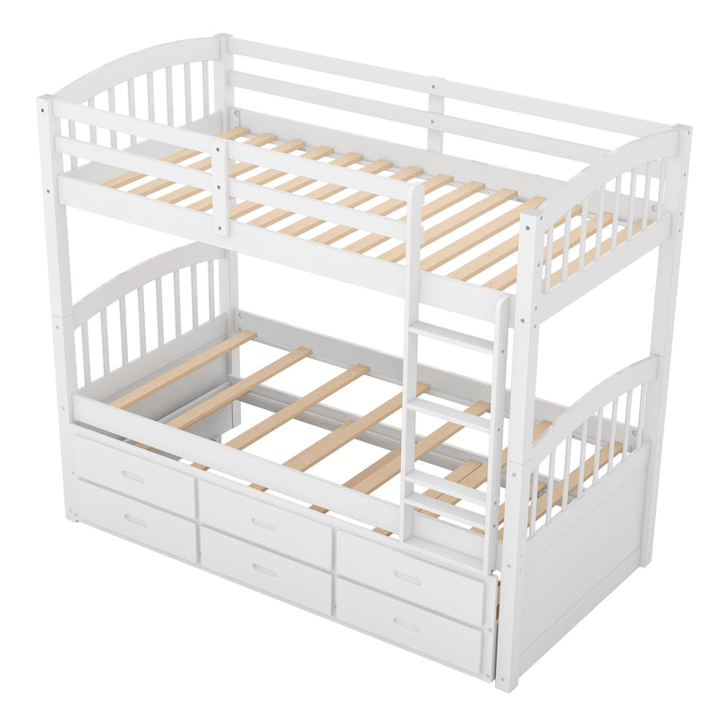 Twin over Twin Wood Bunk Bed with Trundle and Drawers,White