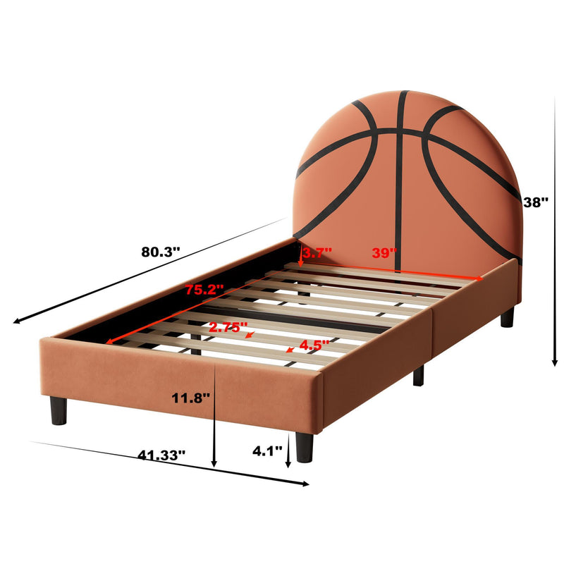 Basketball Design Upholstered Twin Platform Bed Sport Style Bed for Boys & Girls, Teens, Orange