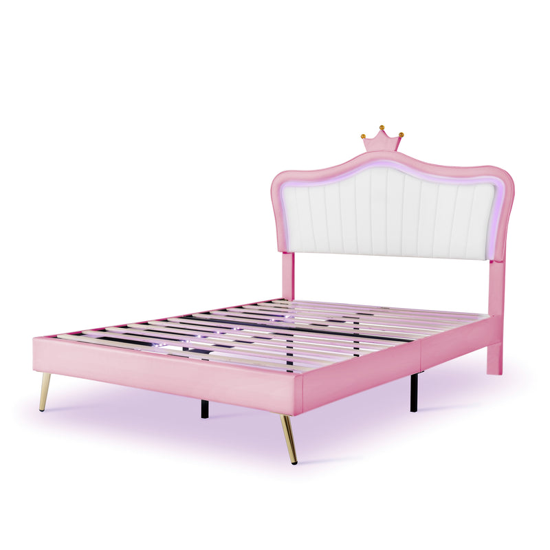 Queen Size Upholstered Bed Frame with LED Lights,Modern Upholstered Princess Bed With Crown Headboard,White+Pink