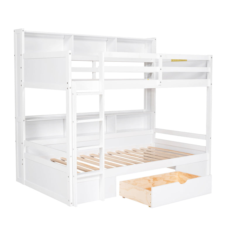 Twin Size Bunk Bed With Built-In Shelves Beside Both Upper And Down Bed And Storage Drawer