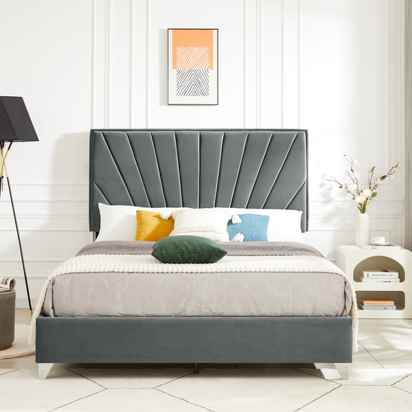 B108 Queen bed Beautiful line stripe cushion headboard , strong wooden slats + metal support feet, Gray Flannelette