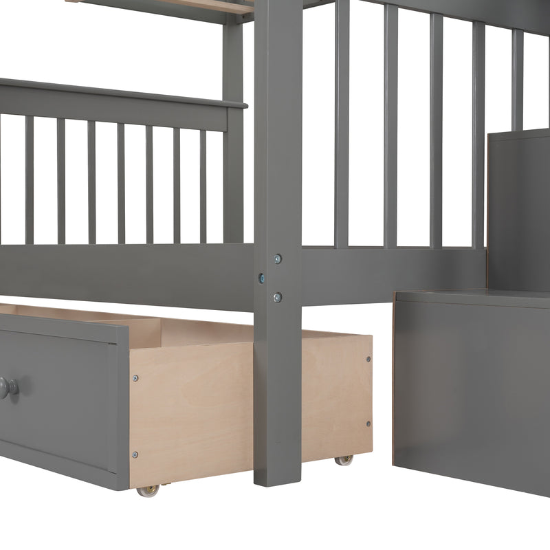 Stairway Full-Over-Full Bunk Bed with Drawer, Storage and Guard Rail for Bedroom, Gray color( old sku: LP000310AAE )