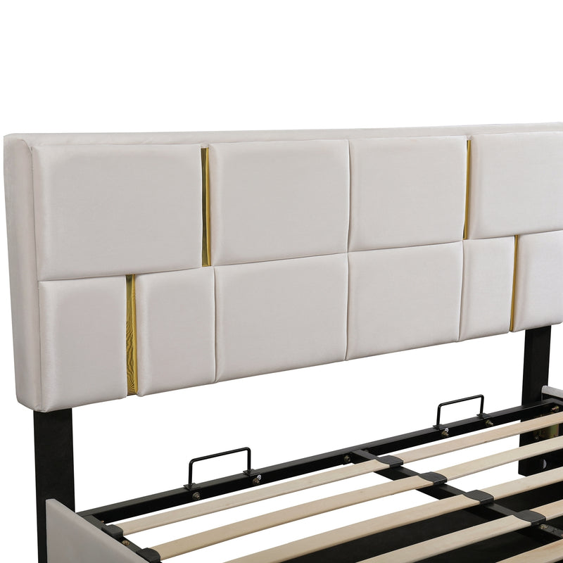 Queen Size Upholstered Platform Bed with Hydraulic Storage System,No Box Spring Needed,Beige