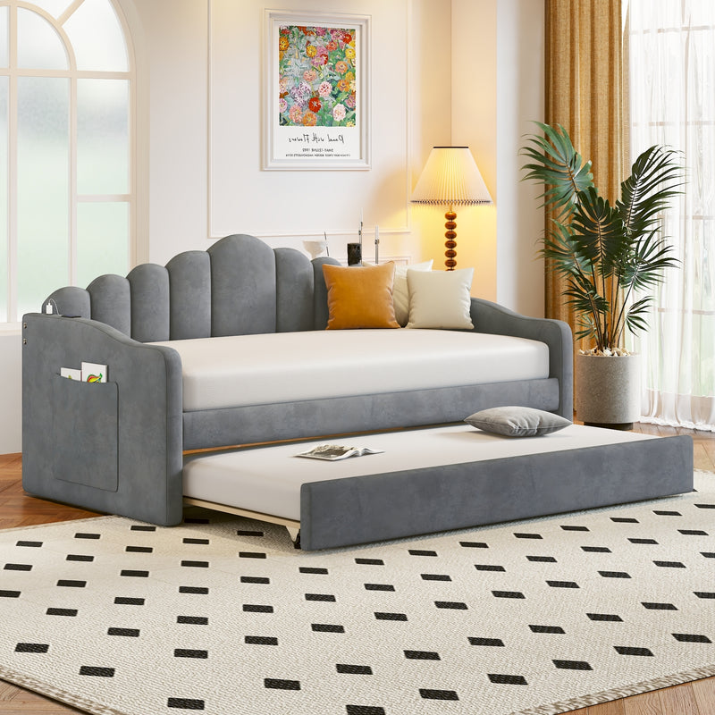 Twin size Upholstered Daybed with Trundle ,Velvet Sofabed with USB Charging Ports,No Box-spring Needed,Gray