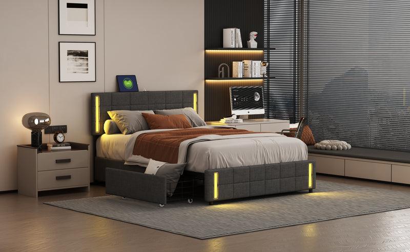 Queen Size Upholstered Platform Bed with LED Lights and USB Charging, Storage Bed with 4 Drawers, Gray(Linen)