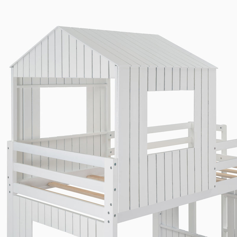 Wooden Twin Over Full Bunk Bed, Loft Bed With Playhouse, Farmhouse, Ladder And Guardrails - White