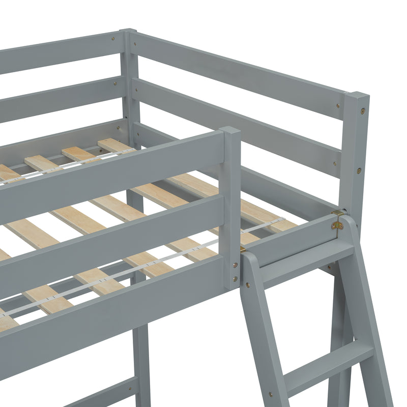 Twin Size High Loft Bed with inclined Ladder, Guardrails,Grey