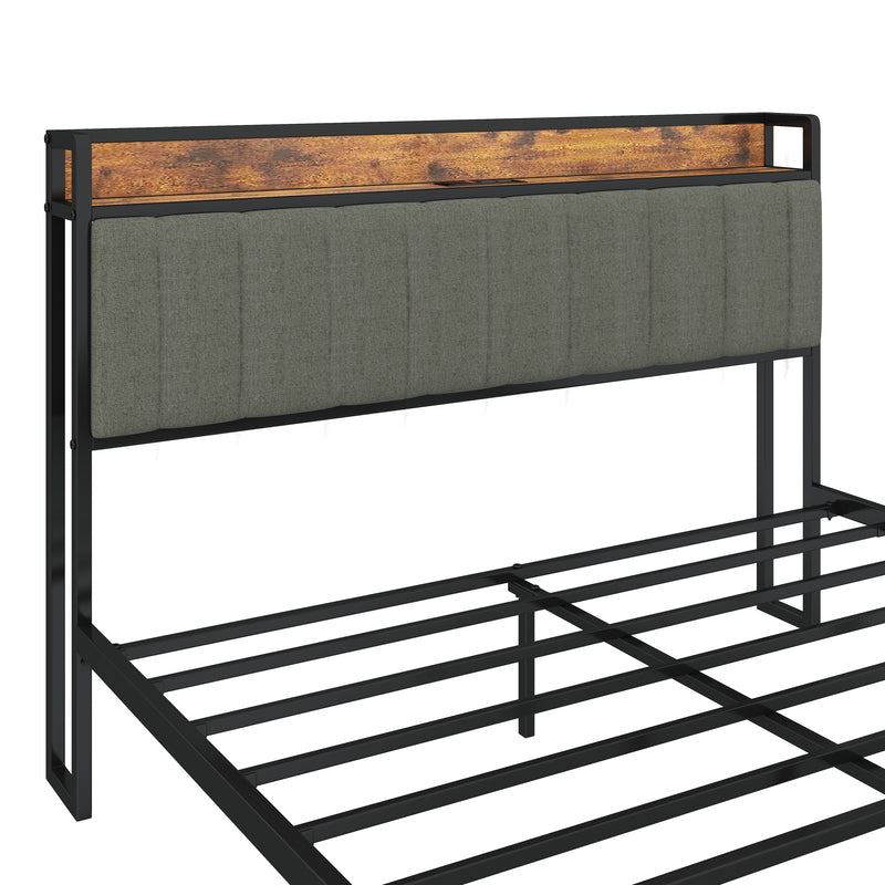 Queen Size Bed Frame with Charging Station, Upholstered Headboard, Metal Platform, Dark Grey