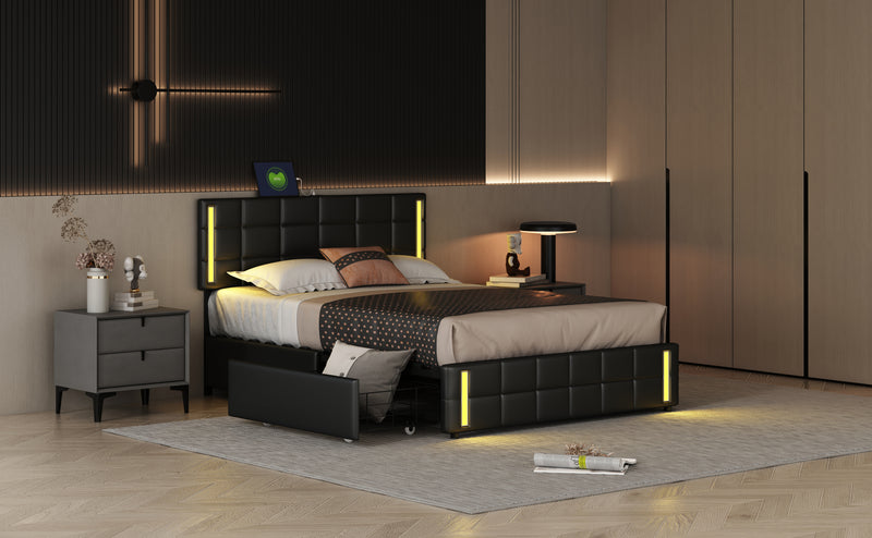 Queen Size Upholstered Platform Bed with LED Lights and USB Charging, Storage Bed with 4 Drawers, Black(Old SKU:WF302558AAB)