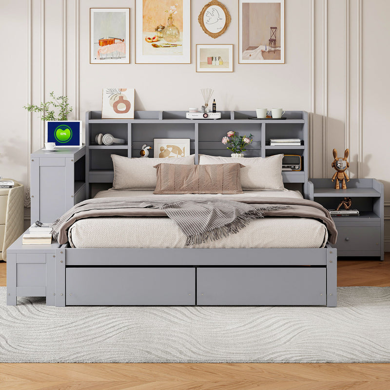 Platform Bed With Multi Functional Storage Space, Nightstand, 2 Drawers, USB Ports And Desk