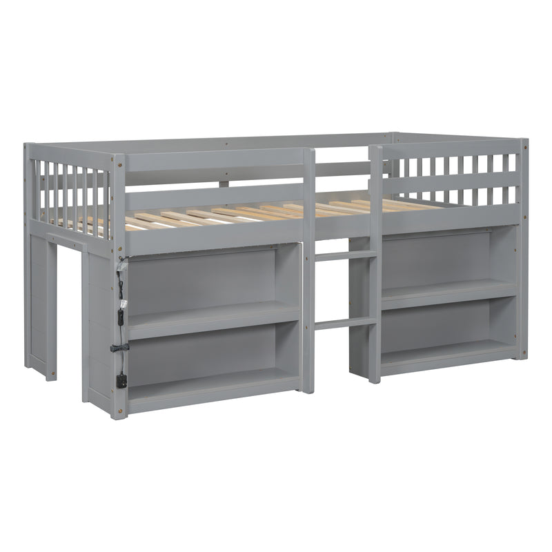 Twin Size Kid Low Loft Bed With Two-Tier Shelves And LED Light For Grey Color