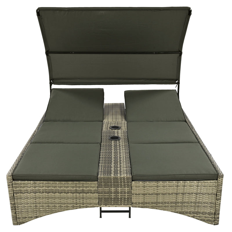 Patio Daybed Outdoor Daybed Sun Lounger With Shelter Roof With Adjustable Backrest, Storage Box And 2 Cup Holders For Patio, Balcony, Poolside