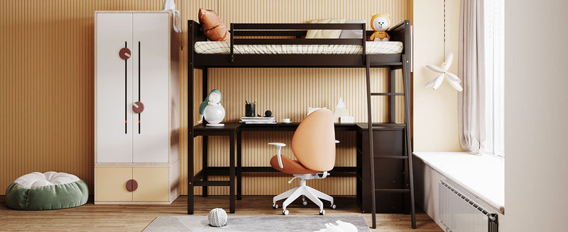 Twin size Loft Bed with Shelves and Desk, Wooden Loft Bed with Desk - Espresso(OLD SKU:LT000537AAP)