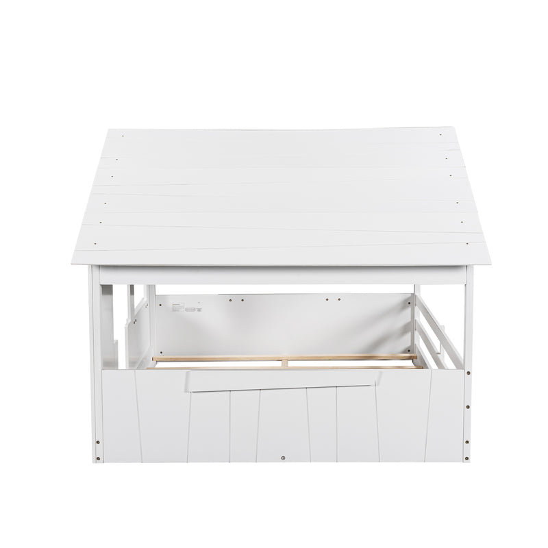 Wood Full Size House Bed with Roof, Window and Guardrail, White