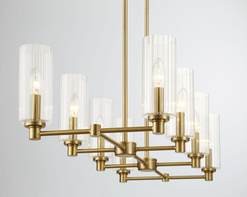 Willow - 8 Lights Island With Clear Ribbed Pendant Lamp Satin - Antique Brass / Clear / Gold