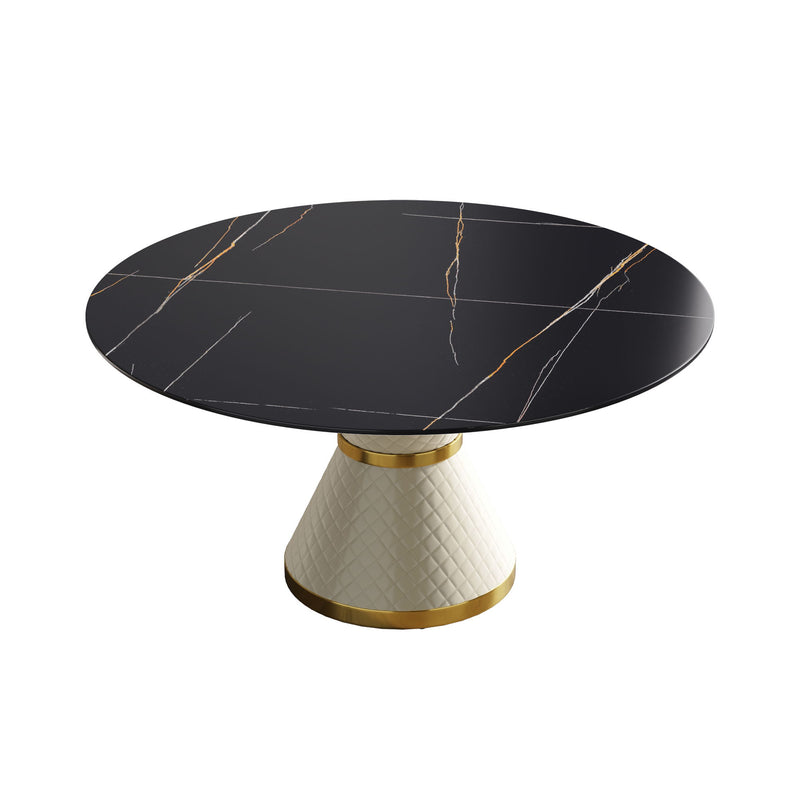 59.05" Modern Artificial Stone Round Carbon Steel Base Dining Table, Can Accommodate 6 People - Black / White