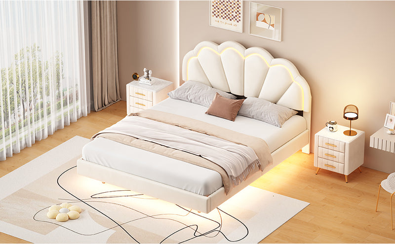 Queen Upholstered Smart LED Bed Frame with Elegant Flowers Headboard,Floating Velvet Platform LED Bed with Wooden Slats Support,Beige