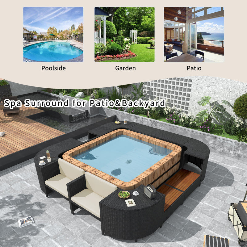 Spa Surround Spa Frame Quadrilateral Outdoor Rattan Sectional Sofa Set With Mini Sofa, Wooden Seats And Storage Spaces