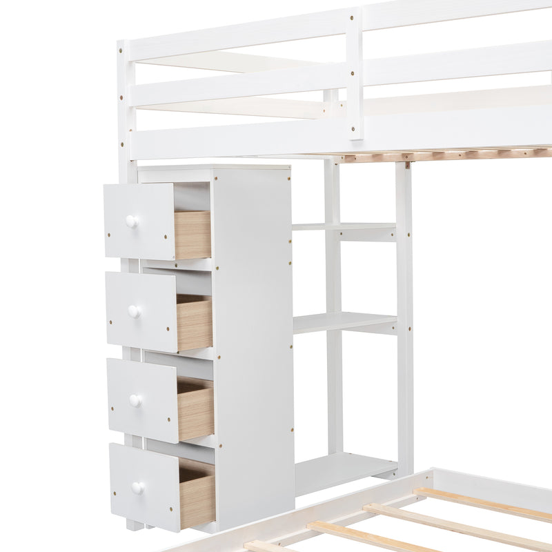 Twin Over Full Bunk Bed with 3-layer Shelves, Drawers and Storage Stairs, White