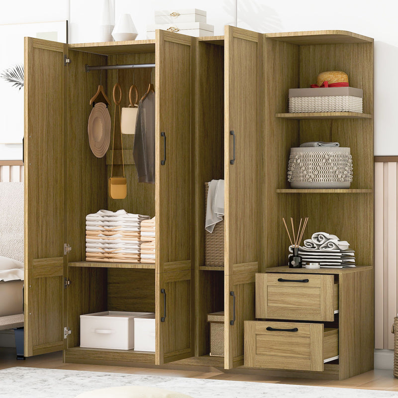 3 Door Storage Wardrobe For Dedroom With Shelves And 2 Drawers, Side Storage Shelves