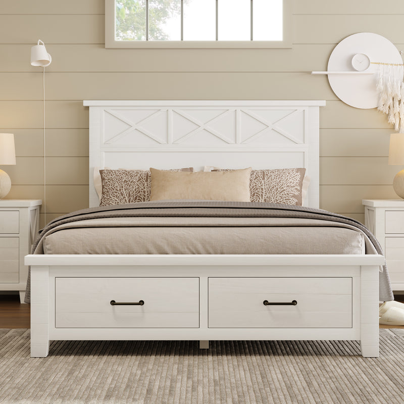 Rustic Farmhouse Style Whitewash Queen Storage Panel Bed with Two Drawers, White(old sku:BS301592AAK)