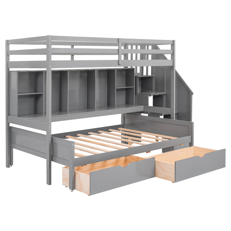 Twin XL over Full Bunk Bed with Built-in Storage Shelves, Drawers and Staircase,Gray