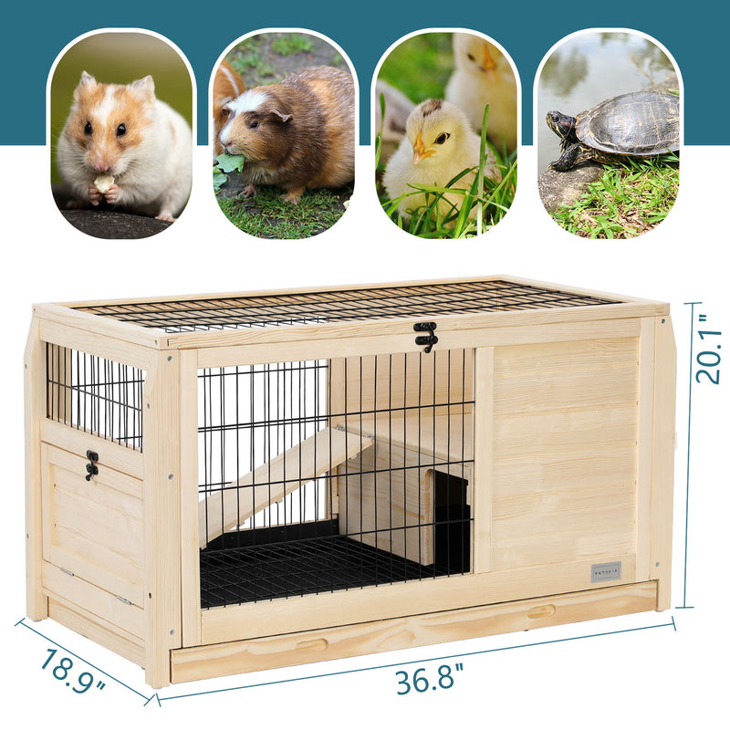 Wooden Rabbit Hutch Indoor Bunny House For Small Animals With Plastic Tray