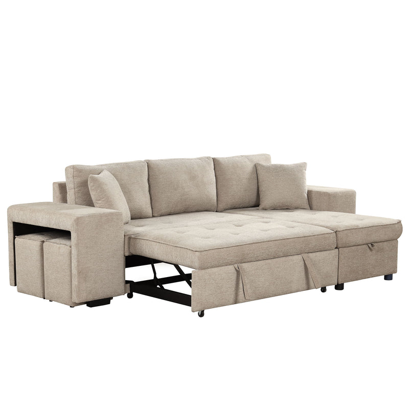 Modern L-Shape 3 Seat Reversible Sectional Couch, Pull Out Sleeper Sofa With Storage Chaise And 2 Stools For Living Room Furniture Set