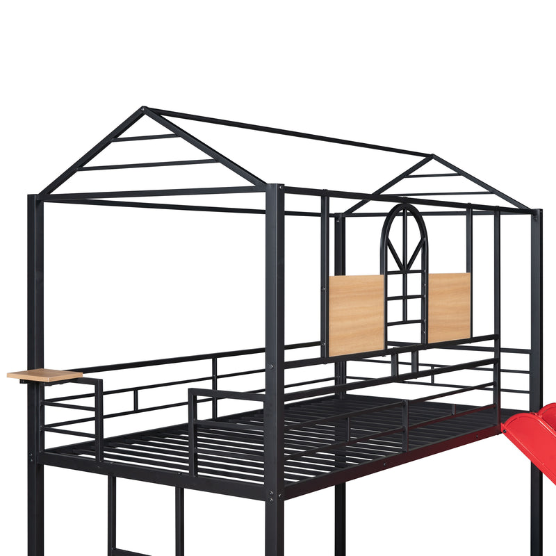 Twin Over Twin Metal Bunk Bed ,Metal Housebed With Slide,Three Colors Available.(Black with Red Slide)(OLD SKU :LP000095AAJ)