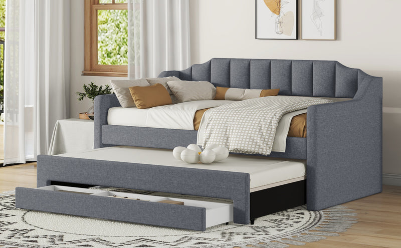 Twin Size Upholstered Daybed with Trundle and Three Drawers,Gray