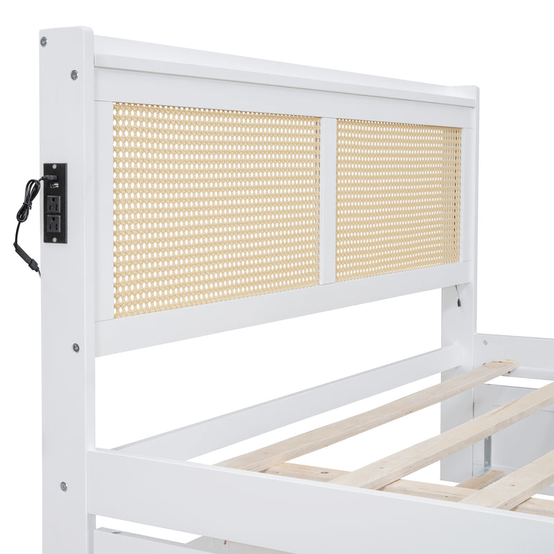 Queen Size Elegant Bed Frame with Rattan Headboard and Sockets ,White