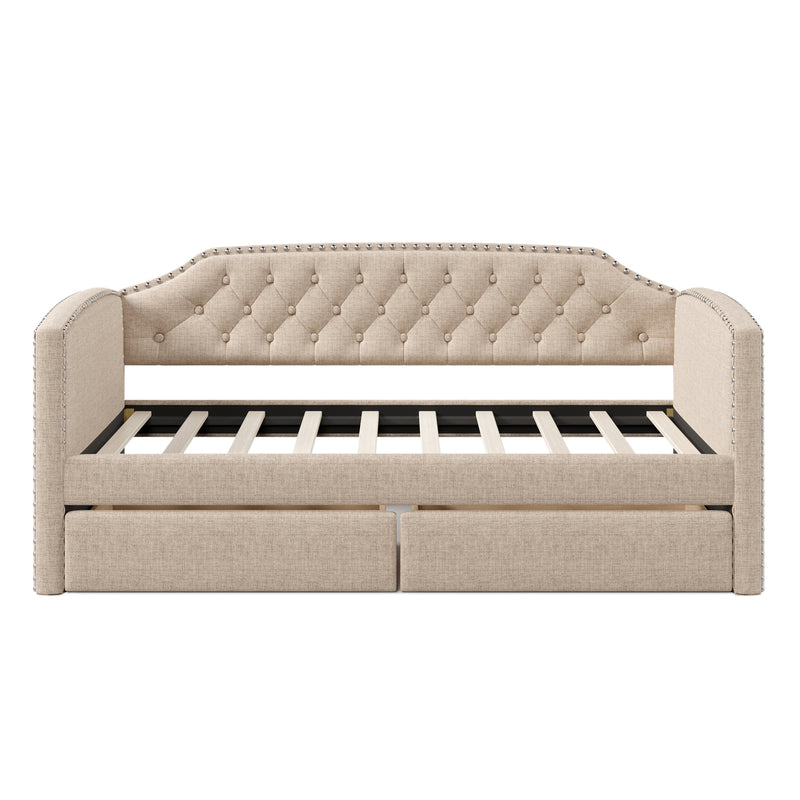 Twin Size Upholstered Daybed with Drawers for Guest Room, Small Bedroom, Study Room, Beige