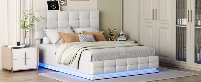 Tufted Upholstered Platform Bed with Hydraulic Storage System,Queen Size PU Storage Bed with LED Lights and USB charger, White