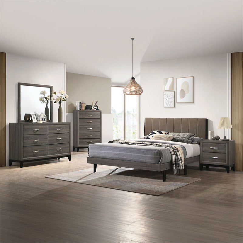 Valdemar - Queen Bed - Brown Fabric & Weatheted Gray Finish