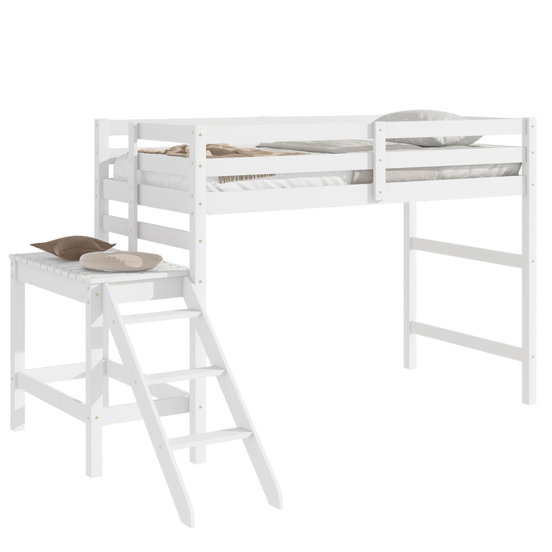 Twin Loft Bed with Platform, ladder,White