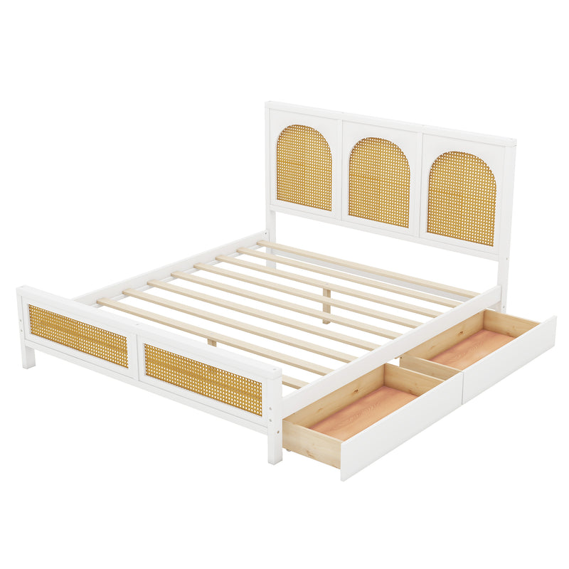 Queen Size Wood Storage Platform Bed with 2 Drawers, Rattan Headboard and Footboard, White