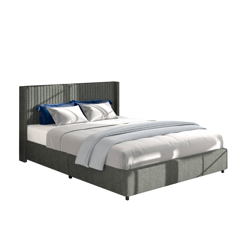 Anna Full Size Gray Linen Upholstered Wingback Platform Bed with Patented 4 Drawers Storage, Modern Design Headboard with Tight Channel, Wooden Slat Mattress Support No Box Spring Needed