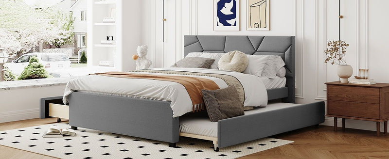 Upholstered Platform Bed With Brick Pattern Headboard And Twin Long Size Trundle