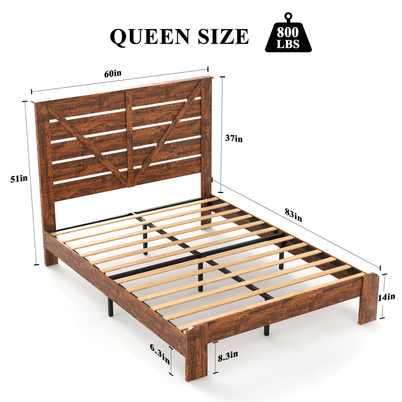 Queen Bed Frame Headboard , Wood Platform Bed Frame , Noise Free,No Box Spring Needed and Easy Assembly Tool,Large Under Bed Storage, Vintage Brown