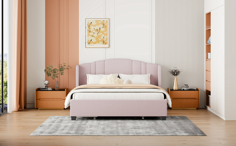 Upholstered Platform Bed with Wingback Headboard and 4 Drawers, No Box Spring Needed, Linen Fabric, Queen Size Pink