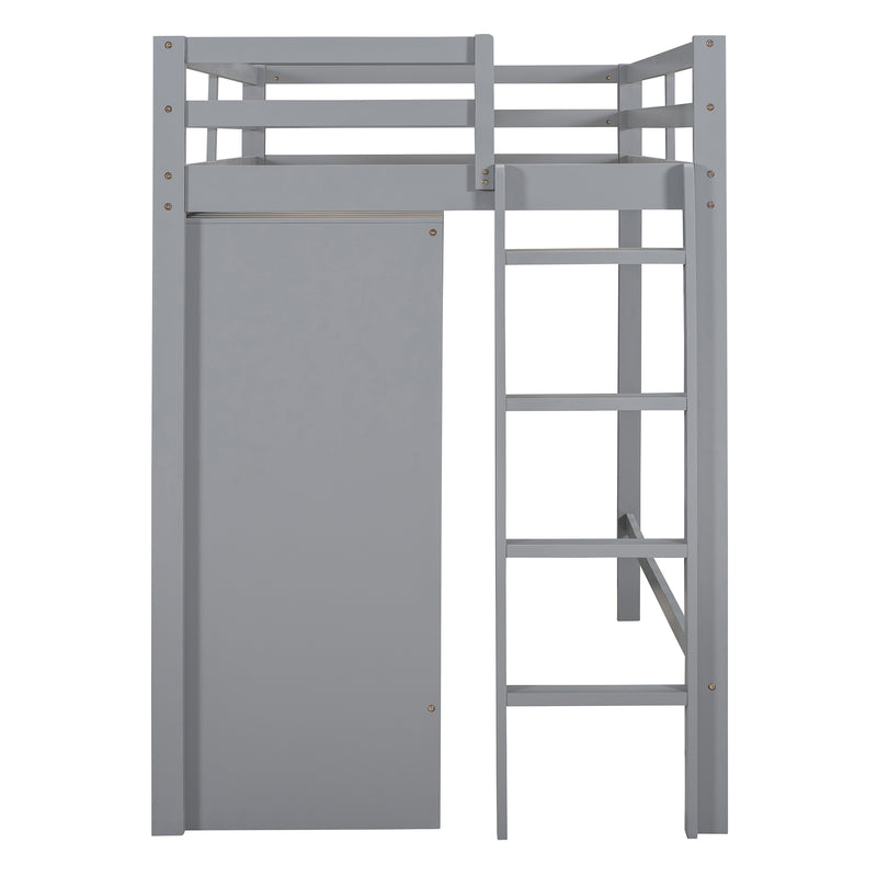 Twin size Loft Bed with Drawer, Two Wardrobes and Mirror, Gray