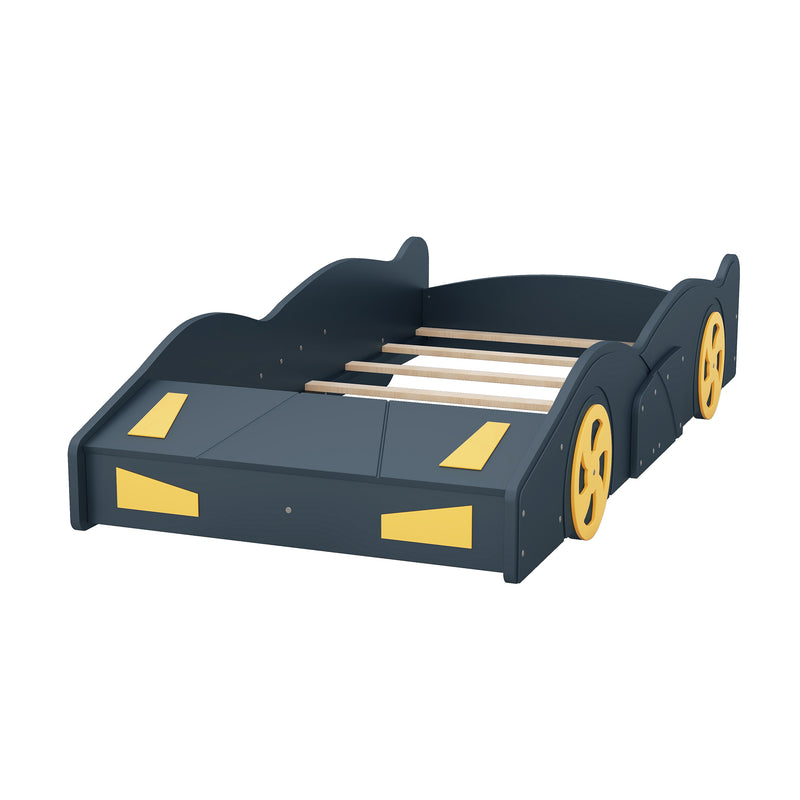 Twin Size Race Car-Shaped Platform Bed with Wheels and Storage, Dark Blue+Yellow