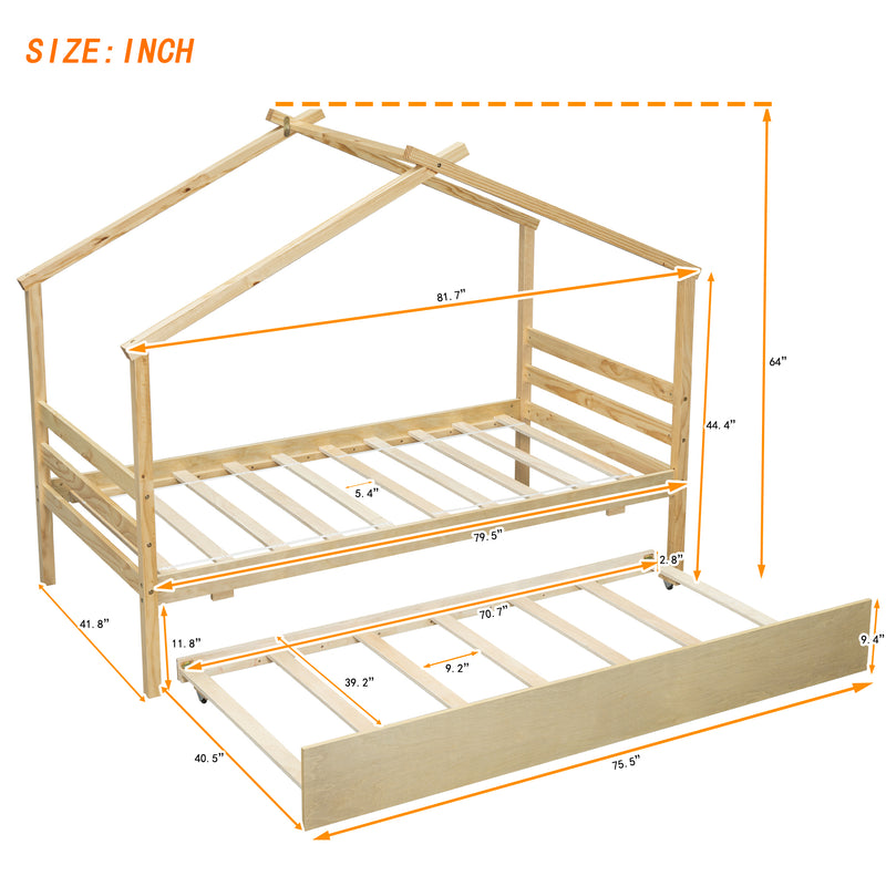 Twin Size  House-shaped Bed with Trundle,Natural