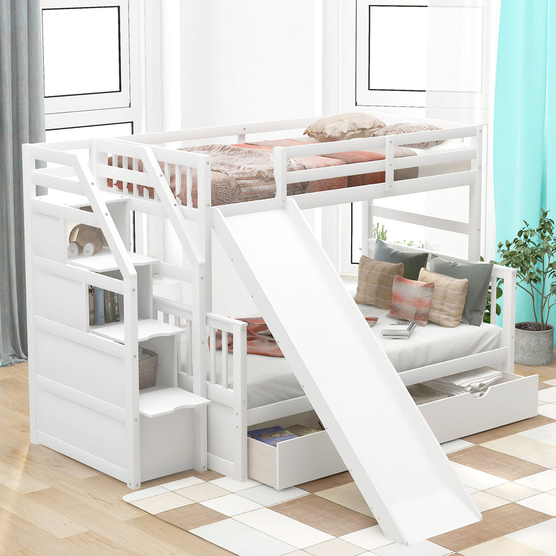 Twin over Full Bunk Bed with Drawers,Storage and Slide, Multifunction, White