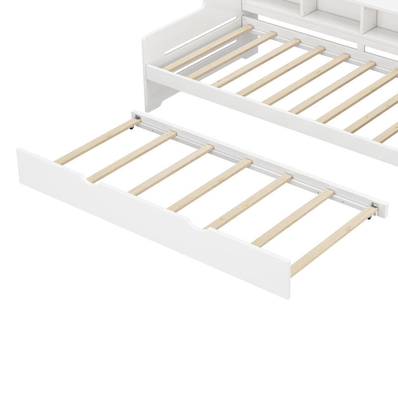 Twin Size Wooden Day Bed with Trundle for Guest Room, Small Bedroom, Study Room, White