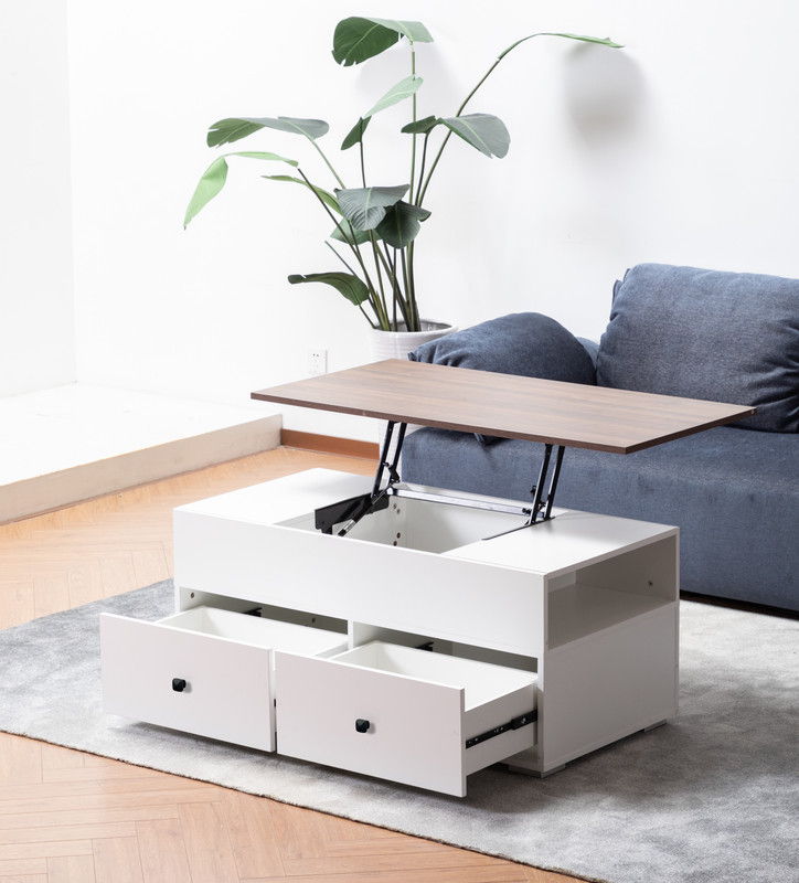 Luna - Coffee Table With Walnut Finish Lift Top, 2 Drawers, And 2 Shelves - White And Brown