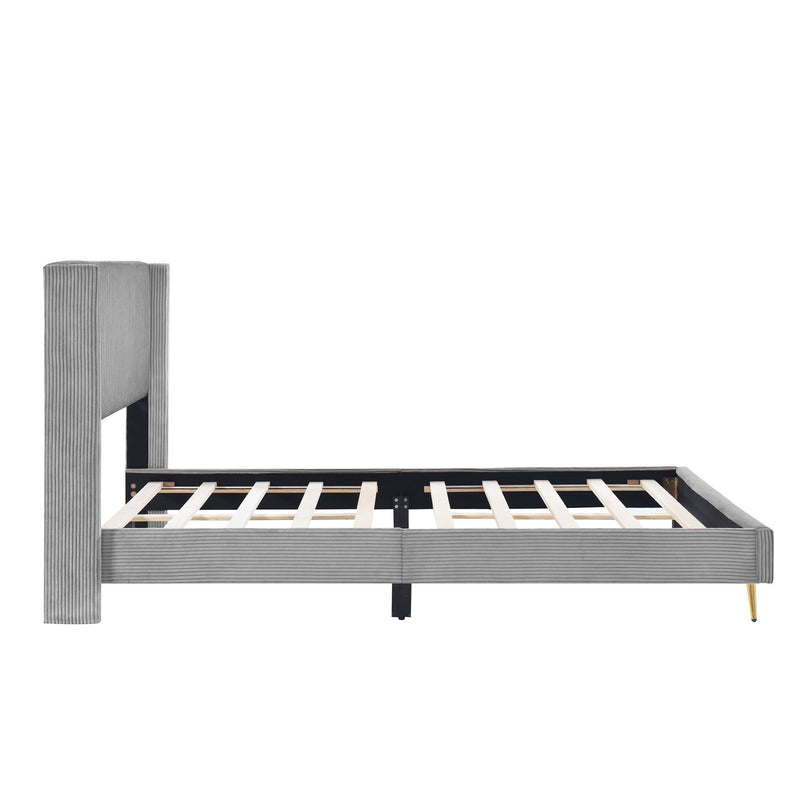 Queen Size Corduroy Platform Bed with Metal Legs, Gray