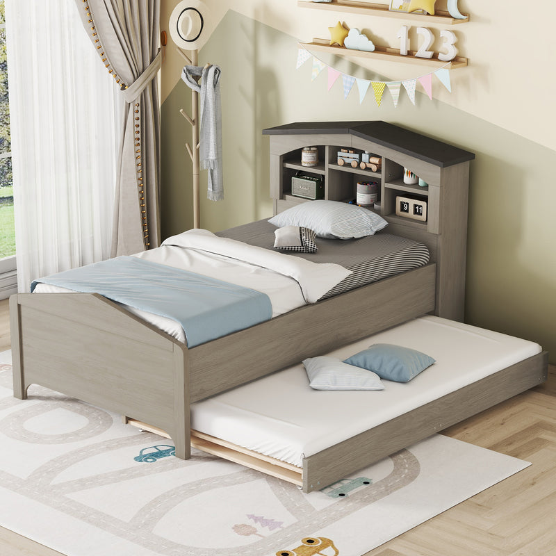 Twin Size Wood Platform Bed with House-shaped Storage Headboard and Trundle, Gray